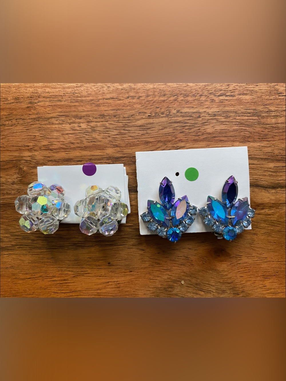 Iridescent clear glass cluster and iridescent Blue Glass Clip on Earrings 2 pair